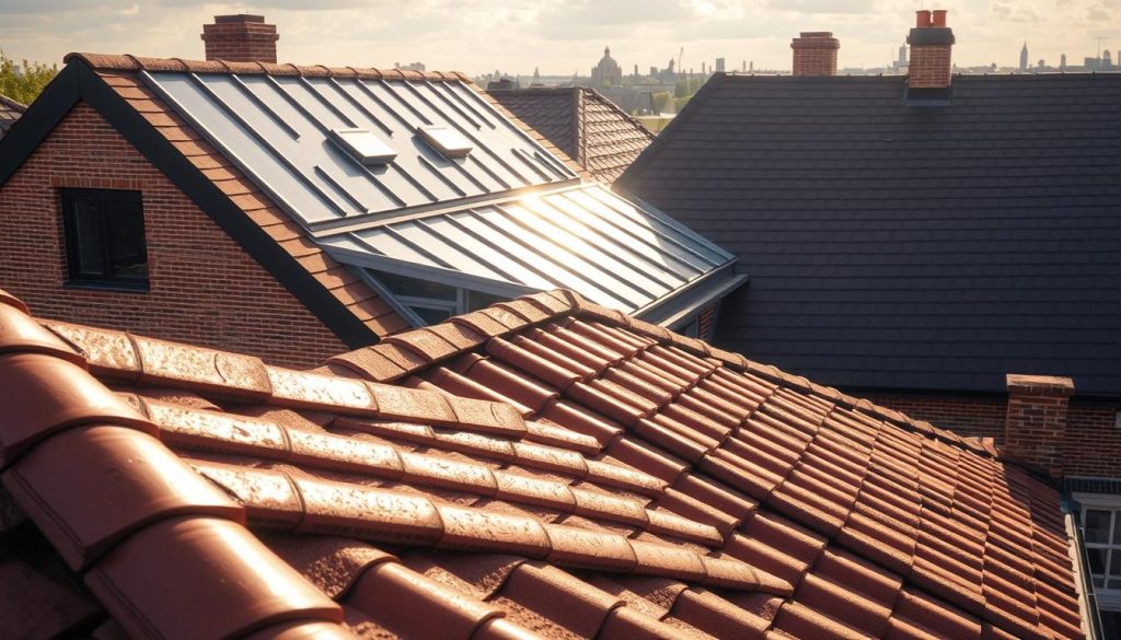 A breathtaking rooftop vista showcases a variety of roof renovation techniques in De Bilt. In the foreground, a meticulously tiled gable roof glistens in the warm afternoon sun, its intricate patterns and textures inviting closer inspection. The midground features a sleek, modern metal roof, its clean lines and shimmering surface contrasting with the traditional clay tiles nearby. In the background, a stately slate roof dominates the skyline, its rich charcoal hues and sharp angles hinting at the enduring craftsmanship of past eras. Subtle shifts in lighting and perspective accentuate the unique characteristics of each roofing style, creating a harmonious and visually striking composition that celebrates the diverse architectural heritage of De Bilt.