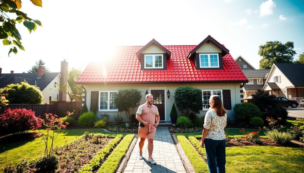 A charming two-story house with a freshly renovated roof, surrounded by lush greenery and a picturesque garden. The sun casts a warm glow, highlighting the vibrant red tiles and the well-maintained facade. In the foreground, a couple admire their beautifully upgraded home, their expressions conveying a sense of pride and satisfaction. The middle ground features carefully tended flower beds and a neatly paved walkway, leading the eye towards the house. In the background, a tranquil neighborhood with similar well-kept homes creates a peaceful, inviting atmosphere. The overall scene exudes a sense of comfort, security, and increased property value, perfectly reflecting the theme of "How Roof Renovation Increases the Value of Your Home".