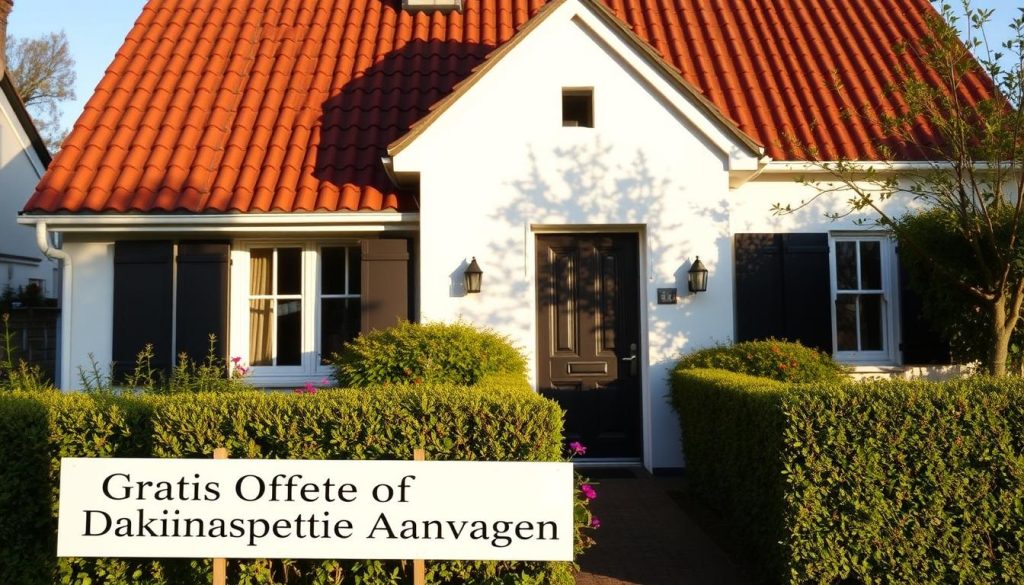 A cozy house facade in Purmerend, Netherlands, bathed in warm afternoon sunlight. The roof, a rich terracotta tile, stands in contrast to the crisp white walls. A well-maintained garden borders the property, its vibrant flowers and neatly trimmed hedges adding to the welcoming ambiance. In the foreground, a sign invites passersby to request a free roof inspection, the text rendered in a clean, elegant font. The scene exudes a sense of comfort and professionalism, perfectly capturing the essence of the "Gratis Offerte of Dakinspectie Aanvragen" section of the "Dakrenovatie Purmerend" article.