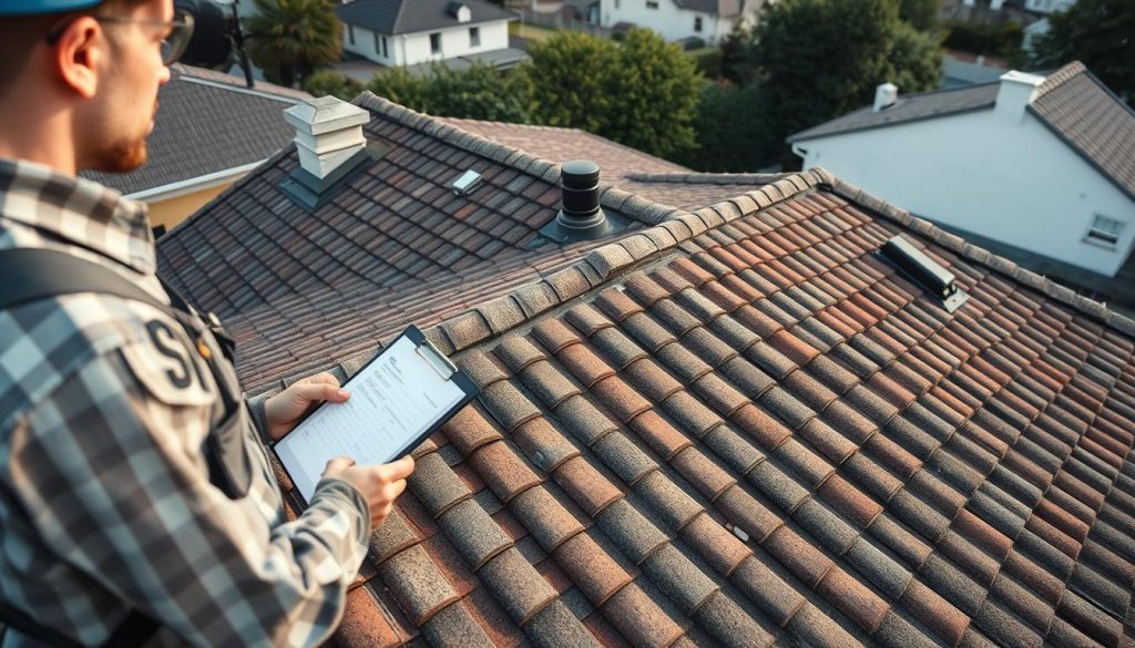 A detailed inspection of a residential roof, showcasing the various components and their condition. The scene depicts a rooftop with a high-angle perspective, allowing for a comprehensive view of the tiles, flashing, and other structural elements. Soft, natural lighting illuminates the scene, revealing the intricate textures and subtle variations in the roof's surface. In the foreground, a professional roofer examines the roof, clipboard in hand, carefully assessing its integrity. The middle ground features the roof's distinctive features, such as chimneys, vents, and ridges, while the background provides a glimpse of the surrounding neighborhood, adding context and setting the stage for this important inspection process.