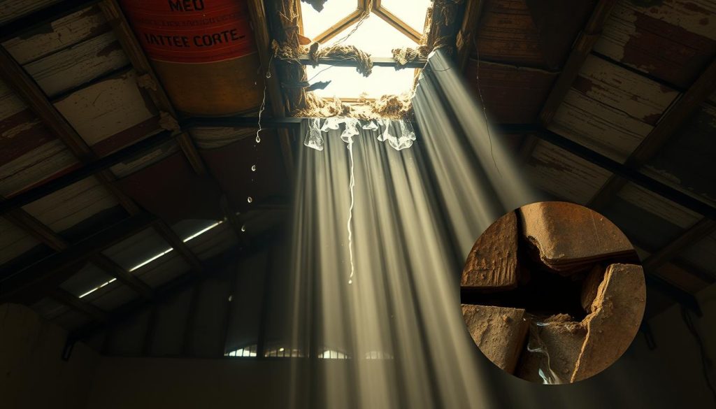 A dilapidated roof, its tiles loose and crumbling, lets in streams of sunlight that cast a warm glow over the damp, discolored interior. Water stains crawl across the ceiling, a testament to the persistent, insidious nature of the leak. The air is heavy with the musty scent of decay, and a sense of neglect pervades the scene. In the foreground, a close-up reveals the point of origin - a small crack, a vulnerable opening that has allowed the elements to infiltrate the once-sturdy structure. This is the heart of the problem, the very source of the "daklekkage" that plagues this home, demanding immediate attention and remediation.