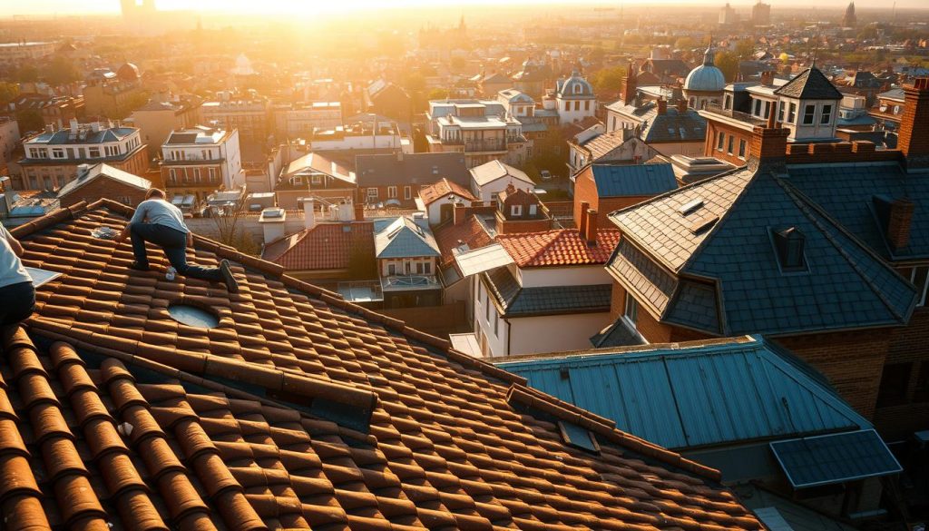 A striking outdoor scene depicting various rooftop renovation techniques. In the foreground, a team of skilled workers meticulously retrofitting a tiled roof, their movements captured in a cinéma vérité style. In the middle ground, a sprawling cityscape with diverse architectural styles, their roofs undergoing dynamic makeovers - slate, metal, and solar panels blending harmoniously. The background bathes in the warm, golden glow of a setting sun, casting long shadows and a sense of timeless craftsmanship. The composition conveys the complexity and artistry involved in revitalizing the urban landscape, with attention to detail and a respect for heritage.