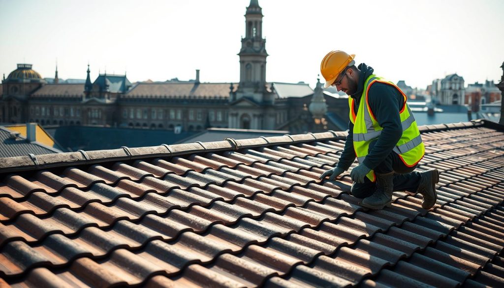 A sun-drenched rooftop in Rotterdam, the city's historic architecture providing a stately backdrop. In the foreground, a worker in a high-visibility vest conducts a thorough inspection, meticulously examining the tiles and assessing the condition of the roof. The lighting is soft and natural, creating a sense of transparency and trust. The scene conveys a professional, reliable service, committed to ensuring the roof's integrity and the customer's peace of mind. The overall atmosphere is one of diligence, attention to detail, and a dedication to providing a transparent, trustworthy roofing solution.