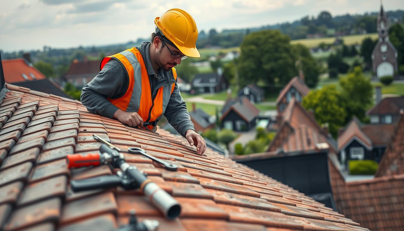 A well-lit, high-resolution image of a construction worker inspecting a rooftop in Oegstgeest. The worker, wearing a hard hat and safety vest, carefully examines the tiles, flashing, and gutters, ensuring the roofing system is in proper condition. In the foreground, detailed tools and equipment are neatly arranged, suggesting a methodical approach. The middle ground showcases the worker's meticulous attention to detail as they assess the roof. In the background, a picturesque Dutch landscape with lush greenery and quaint buildings creates a serene, pastoral atmosphere. The scene conveys a sense of professionalism, expertise, and a commitment to quality roofing renovations.