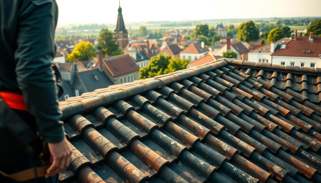 An expansive rooftop landscape, captured in a high-resolution, cinematic frame. The foreground features a skilled inspector, clad in a safety harness, carefully examining the tiles and joints of the roof. The middle ground showcases the intricate patterns and textures of the weathered tiles, while the background unveils the picturesque town of Weesp, its historic buildings and lush greenery creating a serene, pastoral atmosphere. The scene is bathed in soft, natural lighting, emphasizing the importance and meticulous nature of the roof inspection process. The overall mood evokes a sense of professionalism, attention to detail, and the vital role of thorough roof assessments in the context of building renovation.
