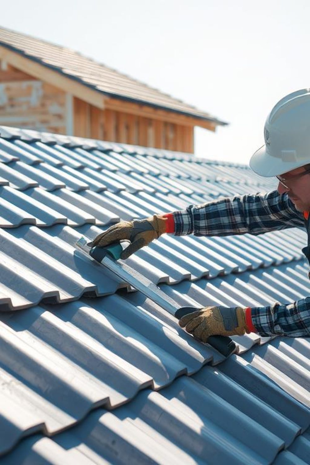 A construction worker expertly installing PVC roofing sheets on a residential building's slanted roof, using specialized tools and techniques. The scene is well-lit, with natural sunlight casting dynamic shadows across the roof surface. The worker's meticulous movements are captured in a mid-action pose, emphasizing the precision and care required for this task. The background features a partially completed structure, hinting at the larger construction project. The overall atmosphere conveys a sense of professionalism and attention to detail in the process of PVC roofing installation.